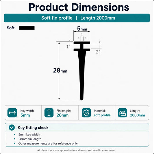 VI001 stepped T-slot framed shower door seal dimensions showing the 5mm fitting width and 28mm profile height