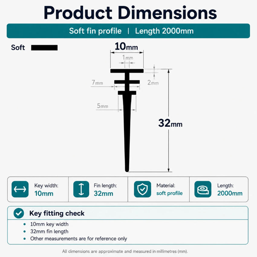 VI003 stepped T-slot framed shower door seal dimensions showing the 10mm fitting width and 32mm profile height