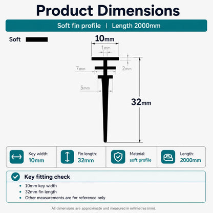 VI003 stepped T-slot framed shower door seal dimensions showing the 10mm fitting width and 32mm profile height