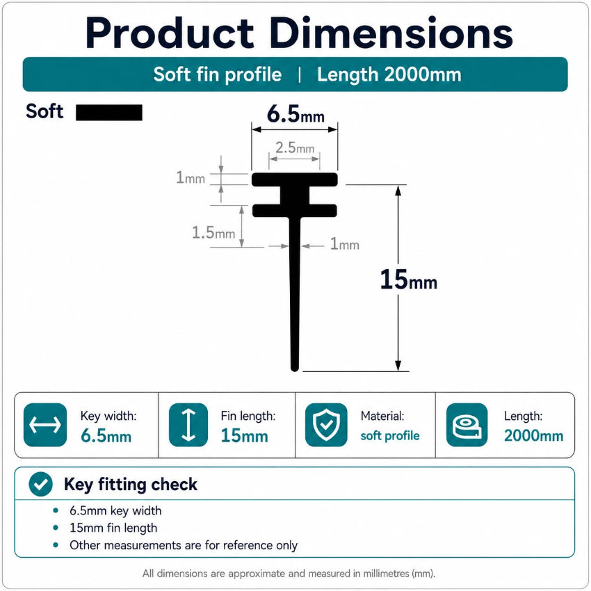 VI005 stepped T-slot framed shower door seal dimensions showing the 6.5mm fitting width and 15mm fin