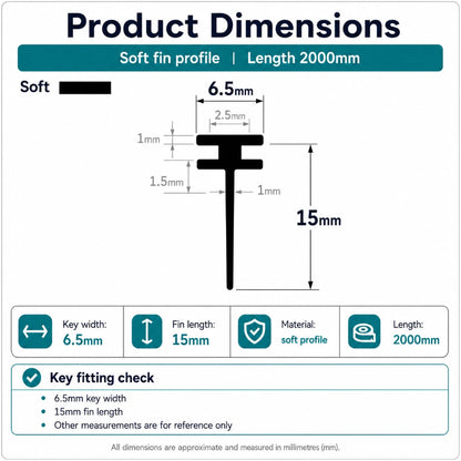 VI005 stepped T-slot framed shower door seal dimensions showing the 6.5mm fitting width and 15mm fin