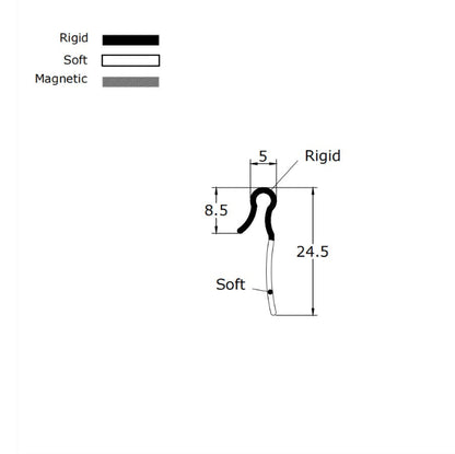 VL001 folding shower screen seal dimensions showing 5mm hook width, 9mm depth and 25mm fin