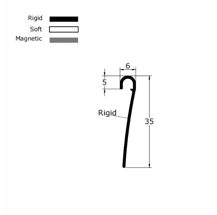VL002 folding shower screen seal dimensions showing 6mm width, 5mm hook depth and 35mm fin