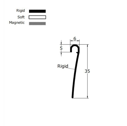 VL002 folding shower screen seal dimensions showing 6mm width, 5mm hook depth and 35mm fin